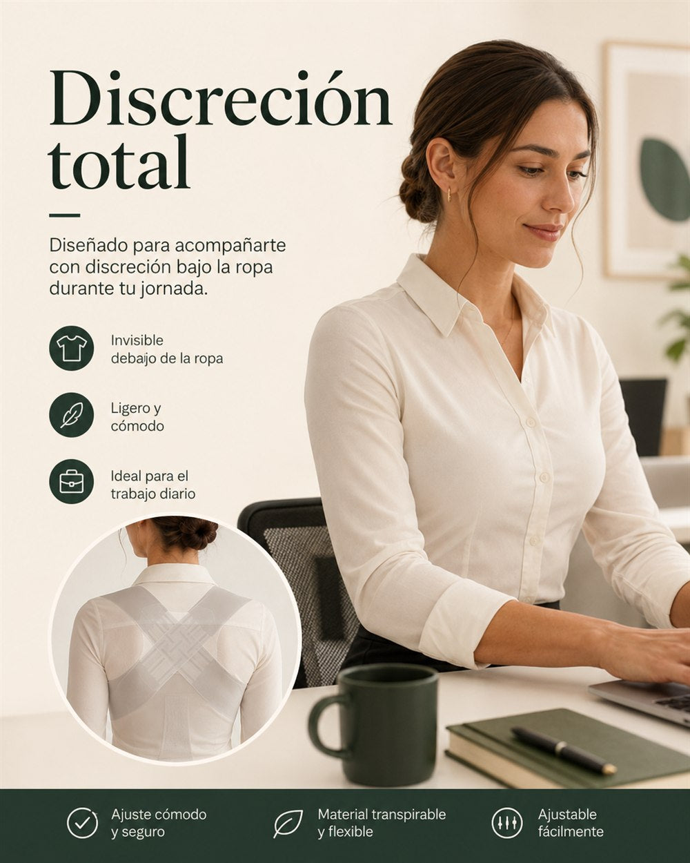 Verteo llevado con discreción bajo una blusa en la oficina