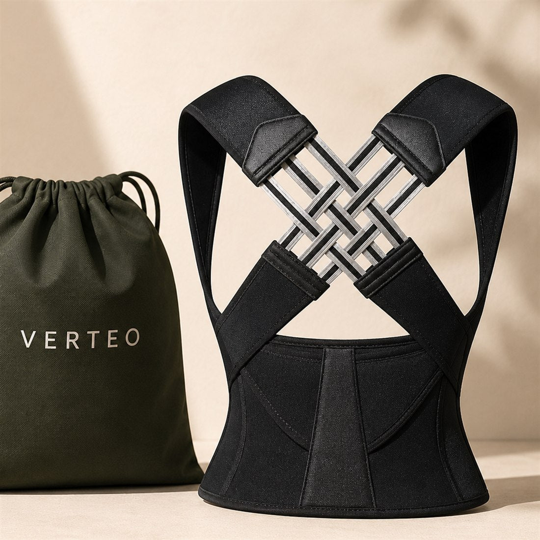 Corrector de postura Verteo negro junto a su bolsa de transporte VERTEO